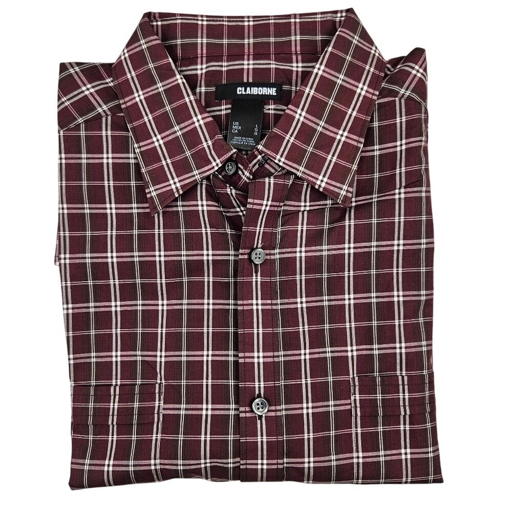 Claiborne Mens Long Sleeve Button Up Plaid Shirt Burgundy White Checkered L